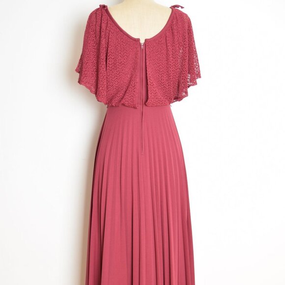 vintage 70s prom dress burgundy crochet lace flutter draped pleated long maxi XS - Picture 9 of 11